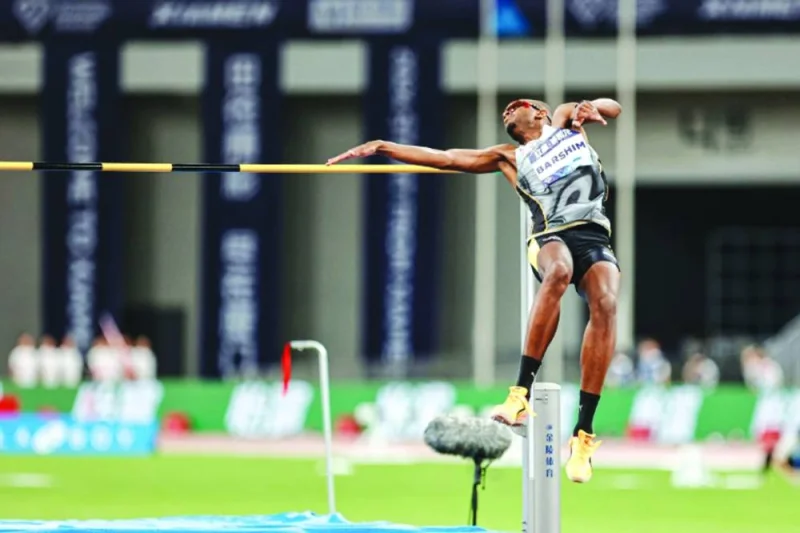 Qatar’s Mutaz Essa Barshim in action during the high jump event at the Diamond League athletics meeting in Suzhou, China, on Saturday.
