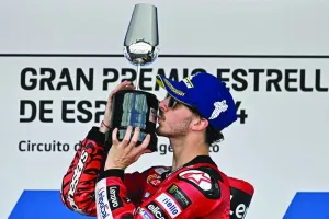 Ducati Italian rider Francesco Bagnaia celebrates on the podium after winning the Spanish Grand Prix at the Jerez racetrack in Jerez de la Frontera yesterday. (AFP)