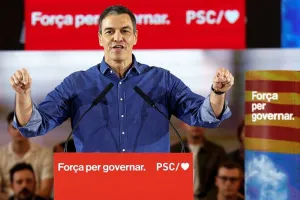 Spain&#039;s Prime Minister Pedro Sanchez speaks during an event in support of Socialist candidate (PSC) for Catalan elections Salvador Illa, in Sant Boi de Llobregat, near Barcelona, on Thursday. (Reuters)