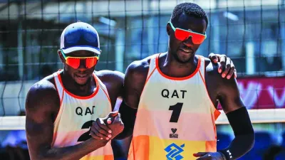 
Cherif Younousse (right) and Ahmed Tijan topped their pool in the Volleyball World Beach Pro Tour Elite16 in Brasília and advanced directly to the quarter-finals of the tournament. 