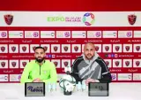 
Al Markhiya coach Madjid Bougherra (right) and midfielder Driss Fettouhi address the media ahead of their play-off match against Al Shahania. 