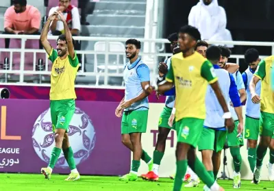 
Al Wakrah’s Nasser al-Yazidi (left) celebrates with teammates after scoring against Al Rayyan in the Qatar Cup final at the Abdullah Bin Khalifa Stadium. 