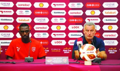 Al Duhail coach Christophe Galtier (right) and captain Almoez Ali address the media yesterday, on the eve of their Amir Cup 2024 Round of 16 match against Al Shamal.
