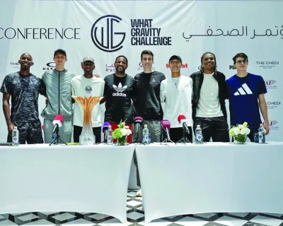 From left: Puerto Rico’s Luis Castro Rivera, Ukraine’s Bohdan Bondarenko, Qatar’s Mutaz Barshim, World record holder Javier Sotomayor of Cuba, New Zealand’s Hamish Kerr, Sanghyeok Woo of South Korea and USA’s JuVaughn Harrison pose after a press conference on Wednesday, on the eve of the ‘What Gravity Challenge’ high jump event.