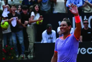 Spain’s Rafael Nadal celebrates after winning his match against Belgium’s Zizou Bergs at the Men’s ATP Rome Open tennis tournament at Foro Italico in Rome on Thursday. (AFP)