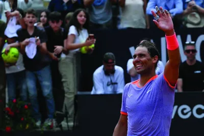 Spain’s Rafael Nadal celebrates after winning his match against Belgium’s Zizou Bergs at the Men’s ATP Rome Open tennis tournament at Foro Italico in Rome on Thursday. (AFP)