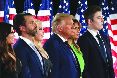 This picture from 2020 shows (from right) Barron Trump, Melania Trump, Donald Trump, Tiffany Trump, Donald Trump Jr, and Kimberly Guilfoyle after the then-president delivered his acceptance speech for the Republican Party nomination for reelection during the final day of the Republican National Convention at the South Lawn of the White House in Washington, DC.