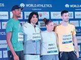 From Left: Athletes Steven Gardiner of Bahamas, Neeraj Chopra of India, Nina Kennedy of Australia and Miltiadis Tentoglou of Greece pose after the press conference on Thursday, on the eve of the Doha Diamond League.