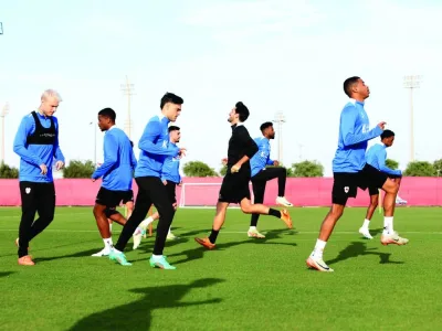 Al Rayyan players train ahead of their Qatar Stars League clash. Al Rayyan players train ahead of their Qatar Stars League clash.