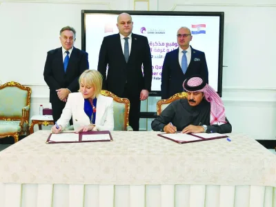 Qatar Chamber second vice-chairman Rashid bin Hamad al-Athba and Marina Ruzic, secretary-general of the Croatian Chamber of Economy, signing a MoU in the presence of top Croatian officials, Ante Šusnjar, Minister of Economy and Sustainable Development; Dr Gordan Grlić Radman, Minister of Foreign Affairs; and Drago Lovric, ambassador of the Republic of Croatia to Qatar. Qatar Chamber second vice-chairman Rashid bin Hamad al-Athba and Marina Ruzic, secretary-general of the Croatian Chamber of Economy, signing a MoU in the presence of top Croatian officials, Ante Šusnjar, Minister of Economy and Sustainable Development; Dr Gordan Grlić Radman, Minister of Foreign Affairs; and Drago Lovric, ambassador of the Republic of Croatia to Qatar.