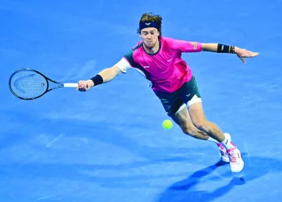 Andrey Rublev of Russia in action against Felix Auger-Aliassime of Canada during their Qatar ExxonMobil Open semi-final at the Khalifa International Tennis Complex in Doha on Friday. PICTURE: Noushad Thekkayil Andrey Rublev of Russia in action against Felix Auger-Aliassime of Canada during their Qatar ExxonMobil Open semi-final at the Khalifa International Tennis Complex in Doha on Friday. PICTURE: Noushad Thekkayil