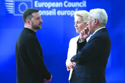 European Council President Antonio Costa (right) and European Commission President Ursula von der Leyen (centre) confer with Ukrainian President Volodymyr Zelensky as he arrives at the Special European Council to discuss continued support for Ukraine and European defence at the EU headquarters in Brussels yesterday. (AFP)
European Council President Antonio Costa (right) and European Commission President Ursula von der Leyen (centre) confer with Ukrainian President Volodymyr Zelensky as he arrives at the Special European Council to discuss continued support for Ukraine and European defence at the EU headquarters in Brussels yesterday. (AFP)