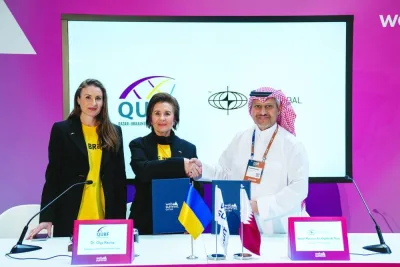 Dr Olga Revina, chairperson of QUBF, and Sheikh Mansoor bin Khalifa al-Thani, founder and Chairman of MBK Holding, shaking hands on the sidelines of Web Summit Qatar 2025 for the establishment of the Qatar-Ukraine Tech & Innovation Committee. Looking on is QUBF
vice-chairperson Daria Revina. Dr Olga Revina, chairperson of QUBF, and Sheikh Mansoor bin Khalifa al-Thani, founder and Chairman of MBK Holding, shaking hands on the sidelines of Web Summit Qatar 2025 for the establishment of the Qatar-Ukraine Tech & Innovation Committee. Looking on is QUBF
vice-chairperson Daria Revina.