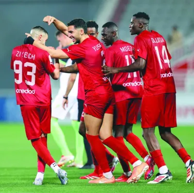 Al Duhail’s Hakim Ziyech (left) celebrates with teammates after scoring against Al Ahli at the Abdullah Bin Khalifa Stadium on Saturday. Al Duhail’s Hakim Ziyech (left) celebrates with teammates after scoring against Al Ahli at the Abdullah Bin Khalifa Stadium on Saturday.
