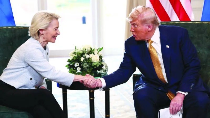 US President Donald Trump shakes hands with European Commission President Ursula von der Leyen after talks in Scotland last Sunday. (Reuters)
US President Donald Trump shakes hands with European Commission President Ursula von der Leyen after talks in Scotland last Sunday. (Reuters)