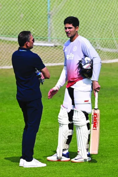 India captain Shubman Gill and selection committee chairman Ajit Agarkar interact during a practice session Saturday. (AFP) India captain Shubman Gill and selection committee chairman Ajit Agarkar interact during a practice session Saturday. (AFP)