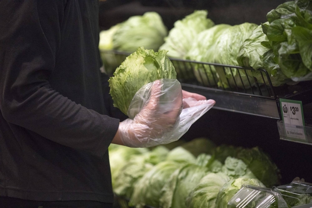 An employee holds a head of lettuce at a Woolworths Group grocery store in Sydney on Aug. 21.