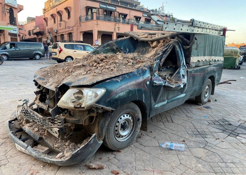 A damaged vehicle is seen in the historic city of Marrakech, Morocco, following a powerful earthquake Saturday.