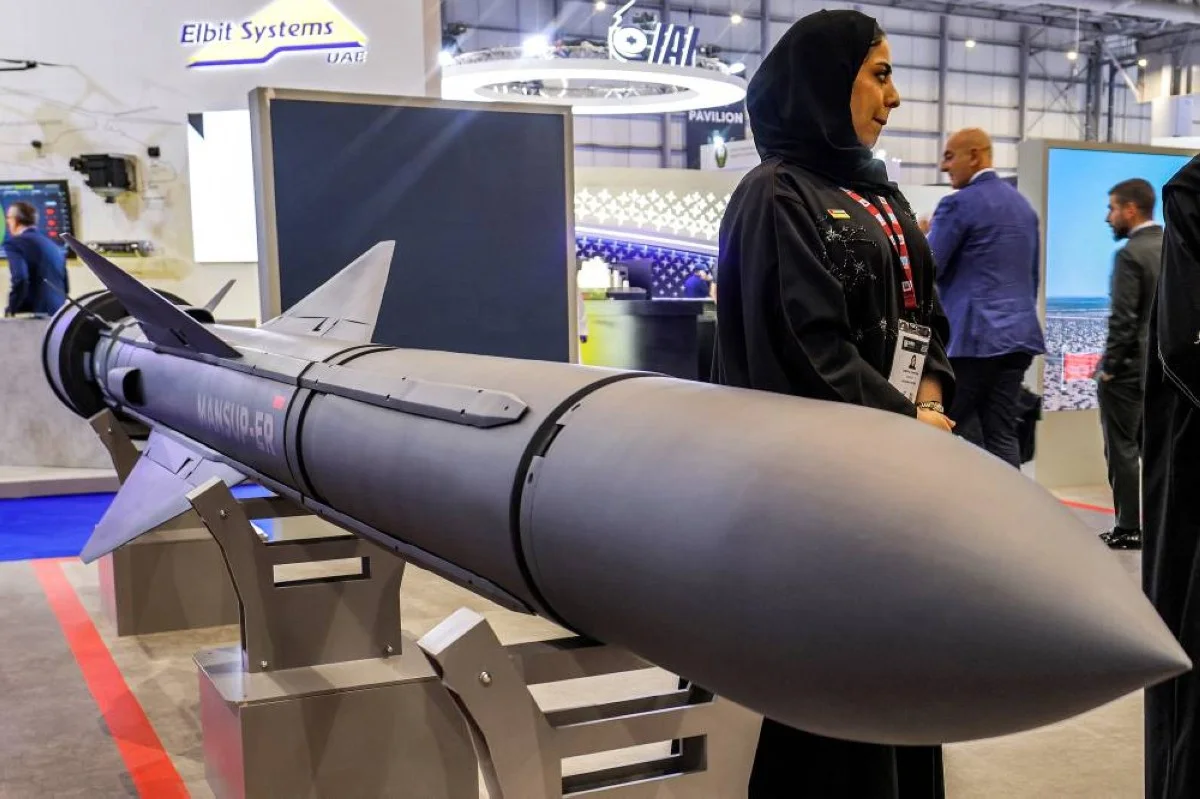 DUBAI: A MANSUP series anti-ship missile is displayed at the EDGE pavilion during the 2023 Dubai Airshow at Dubai World Central - Al-Maktoum International Airport in Dubai. 泡FP