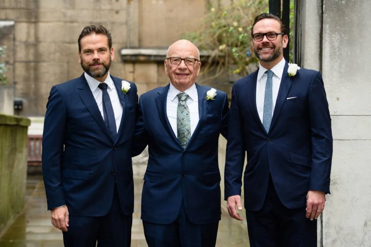 LONDON: (FILES) Australian born media magnate Rupert Murdoch ( C ) flanked by his sons Lachlan (L) and James ( R ) arrive at St Bride’s church on Fleet Street in central London on March 5, 2016. Conservative media mogul Rupert Murdoch on November 15, 2023, pledged to maintain an “active role” in the business as he handed control of his global empire to son Lachlan, amid questions about how Fox News will handle next year’s presidential election. – AFP