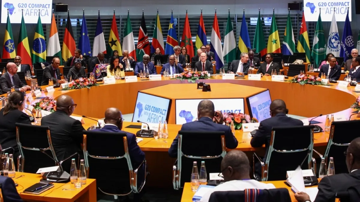 BERLIN: German Chancellor Olaf Scholz (back center) chairs a session of the Conference on the G20 Compact with Africa, at the Chancellery in Berlin on November 20, 2023. --AFP