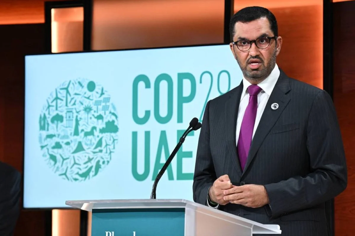 NEW YORK: (FILES) The president of the upcoming COP28 climate change Sultan Ahmed al-Jaber speaks during the Abu Dhabi International Petroleum Exhibition at ADNEC Exhibition Center October 2, 2023. – AFP