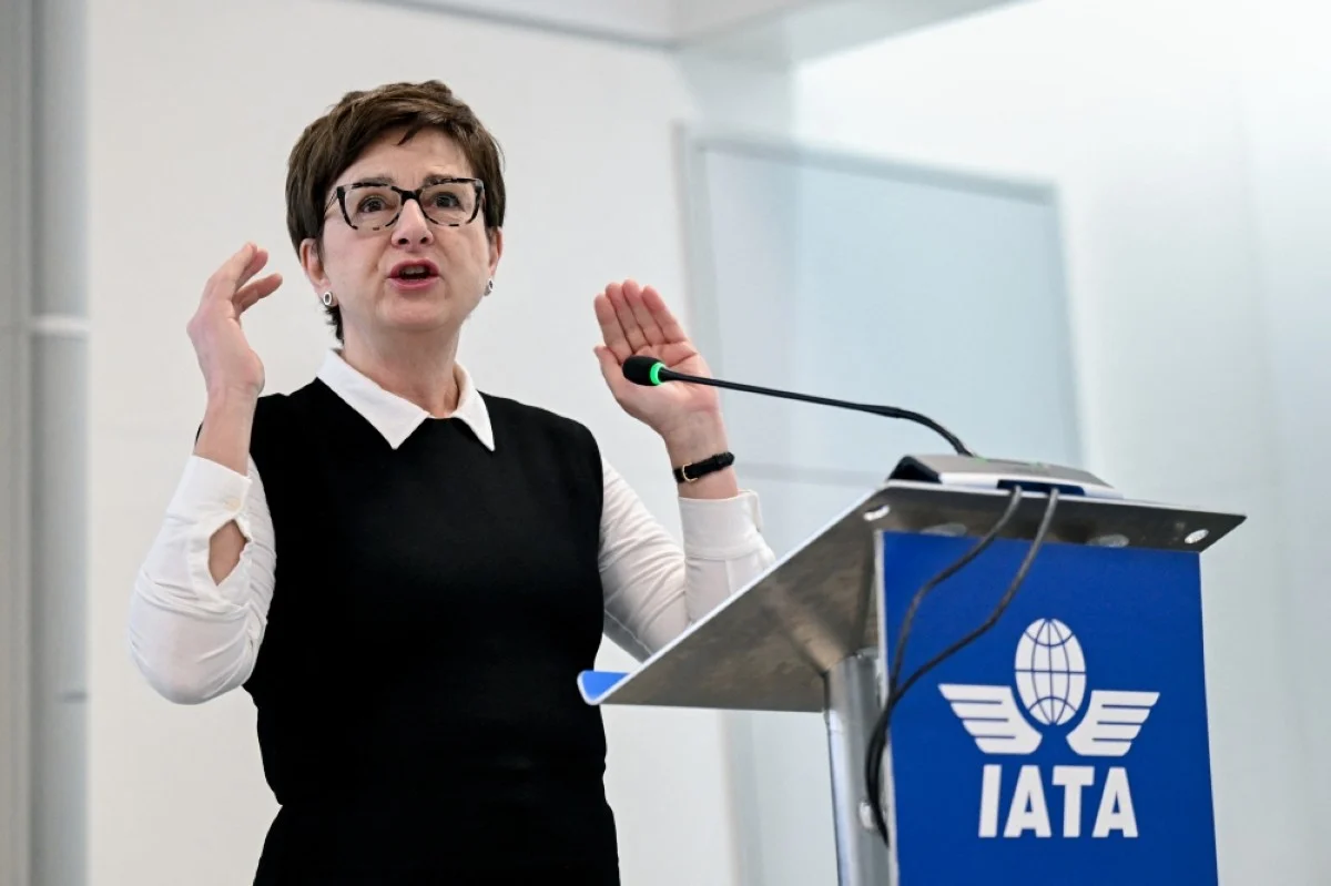 GENEVA: International Air Transport Association (IATA) senior Vice President Sustainability & Chief Economist Marie Owens Thomsen gestures as she delivers remarks during the IATA Global Media Day in Geneva, on December 6, 2023. -- AFP