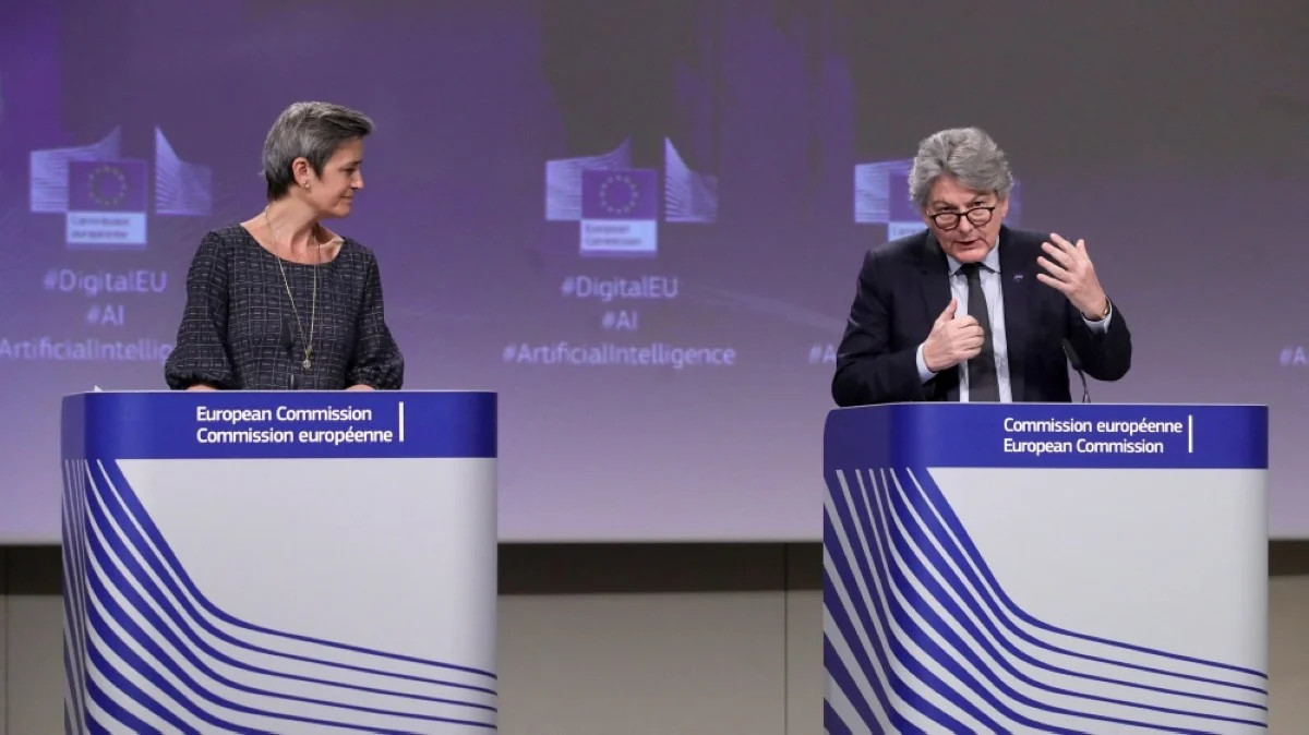 BRUSSELS: European Executive Vice-President Margrethe Vestager and European Commissioner in charge of internal market Thierry Breton hold a press conference on artificial intelligence (AI) following the weekly meeting of the EU Commission in Brussels in this April 21, 2021 file photo. – AFP