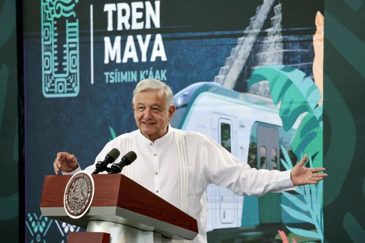 CAMPECHE, Mexico: This handout picture released by the Mexican Presidency shows Mexico’s President Andres Manuel Lopez Obrador holding a press conference during the inauguration ceremony of the Mayan Train at the San Francisco Campeche train station in Campeche, Mexico on December 15, 2023.