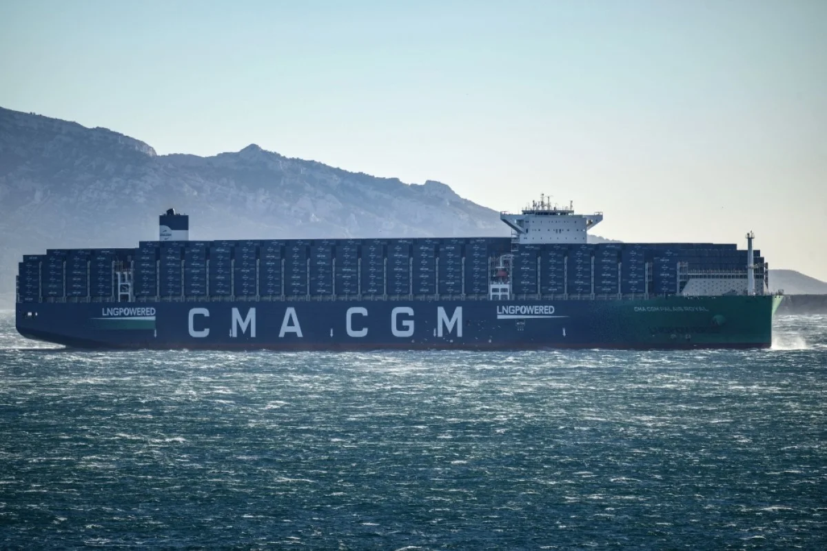 MARSEILLE, France: The "CMA CGM Palais Royal", the world&#039;s largest container ship powered by natural gas, sails in the bay of Marseille, southern France. -- AFP