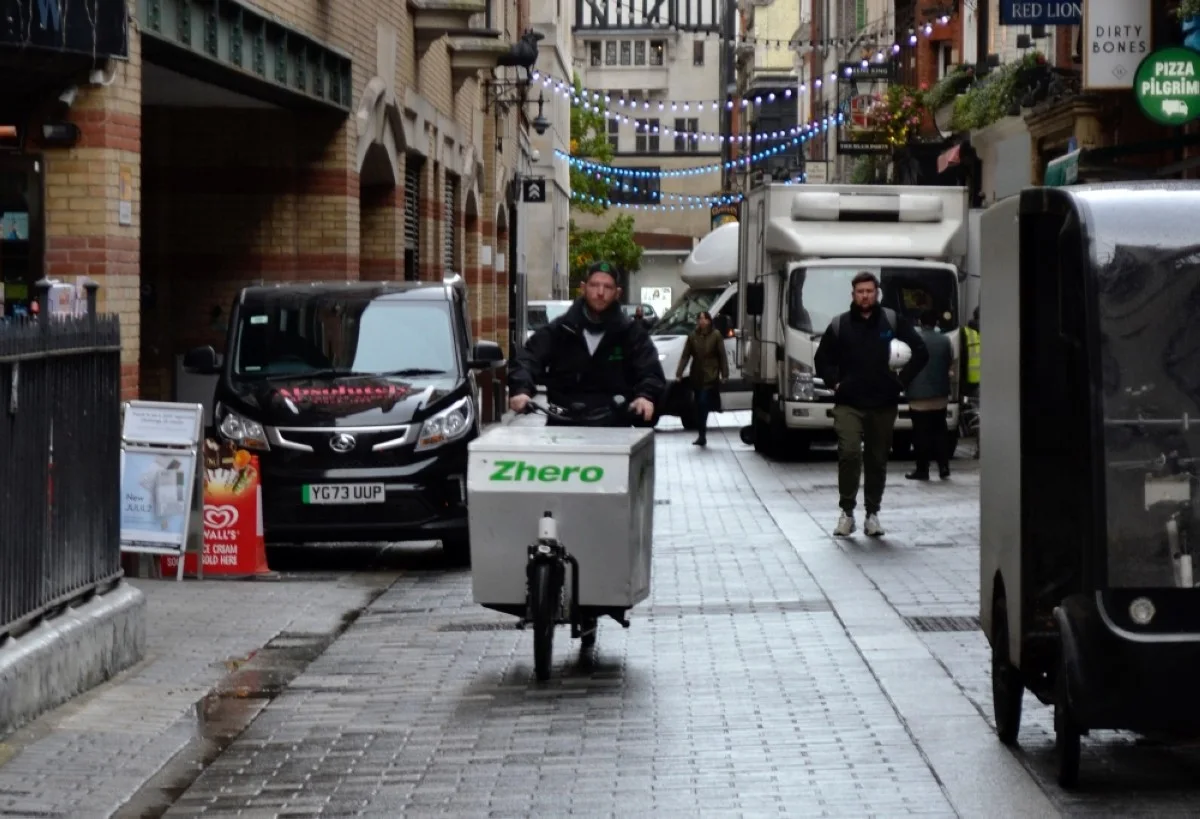 LONDON: Co-founder of green logistics company Zhero, Joe Sharpe, rides a cargo bike near Sadie Coles HQ gallery, one of Zhero's clients, in London. – AFP