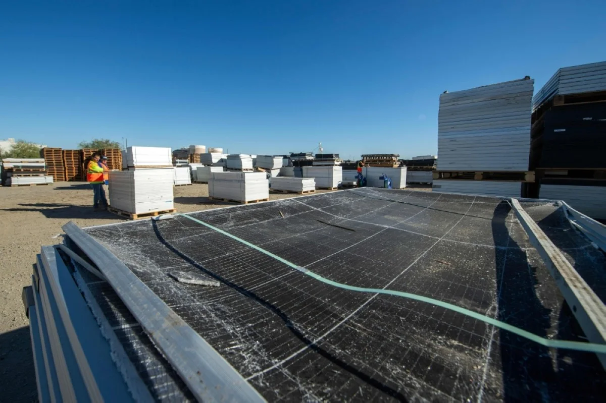 YUMA, Arizona: Damaged solar panels to be recycled are pictured at the We Recycle Solar plant in Yuma, Arizona.- AFP