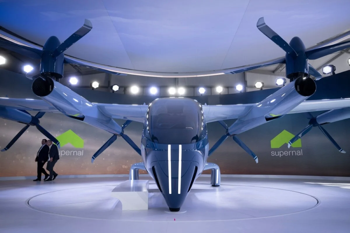 LAS VEGAS, US: A vertical takeoff electronic aircraft from Supernal is seen outside the Las Vegas Convention Center during the Consumer Electronics Show (CES) in Las Vegas, Nevada on January 10, 2024. -- AFP