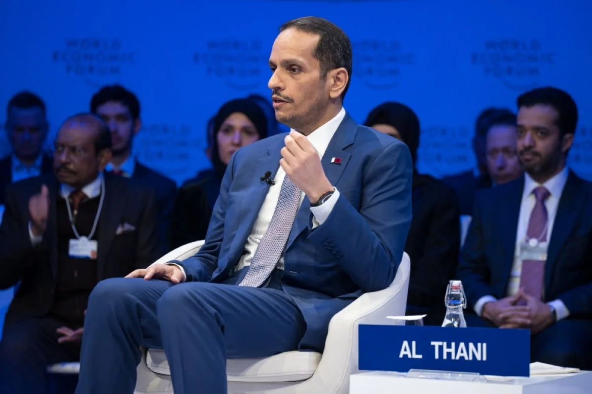 DAVOS: Qatar's Prime Minister and Foreign Minister Sheikh Mohammed bin Abdulrahman Al-Thani (right) speaks during a session of the annual meeting of the World Economic Forum (WEF) in Davos on January 16, 2024. – AFP