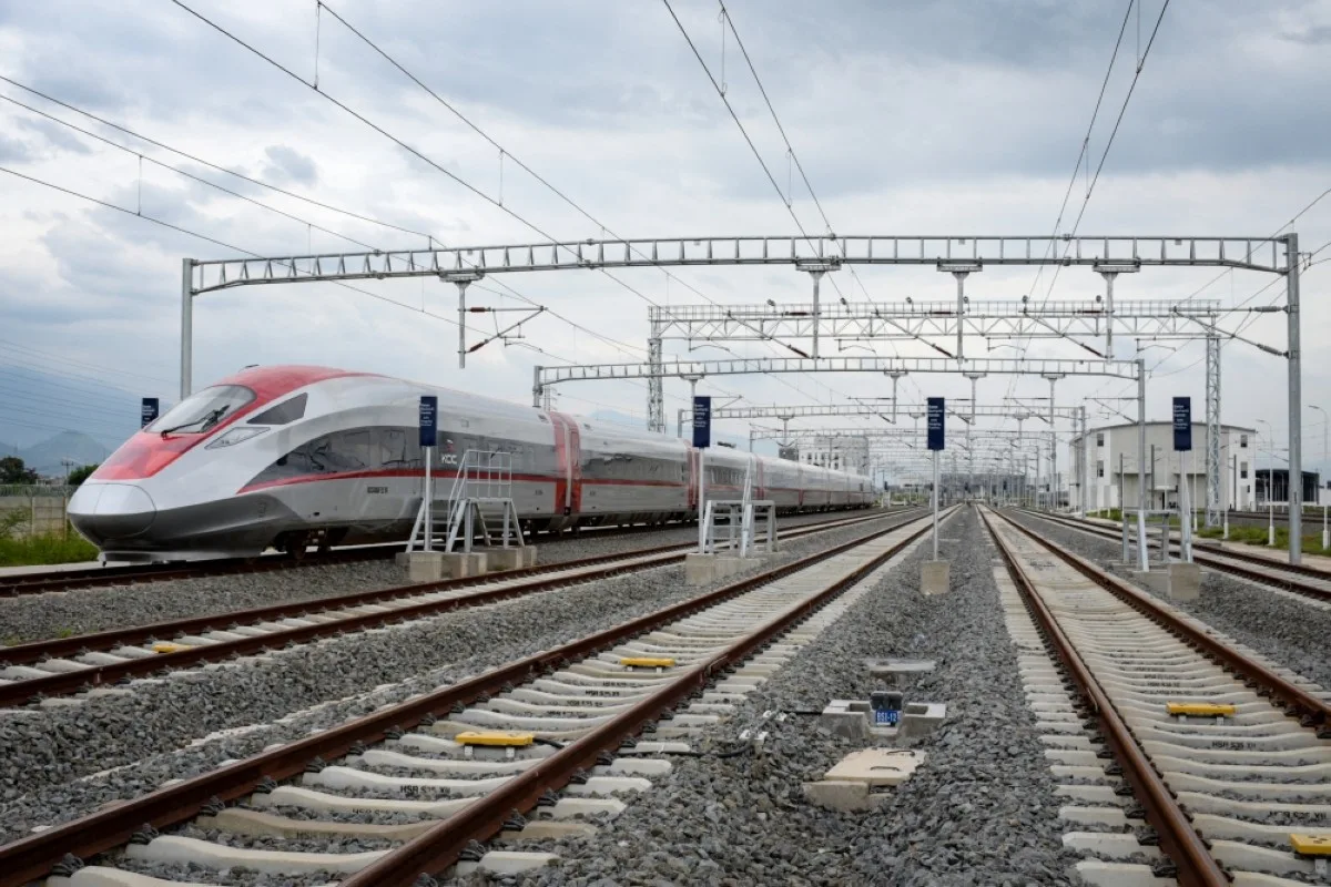 BANDUNG,Indonesia: The Jakarta-Bandung high-speed train is parked at the Tegalluar station depot in Bandung, West Java, on January 17, 2024. -- AFP