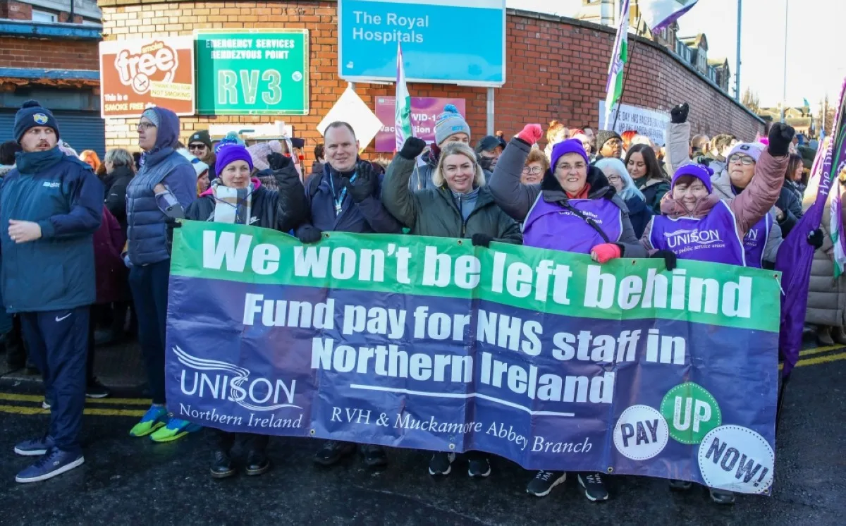 BELFAST: Medical staff stand on a picket line outside the Royal Victoria Hospital in Belfast on January 18, 2024, as tens of thousands of public sector works took part in strike action. -- AFP