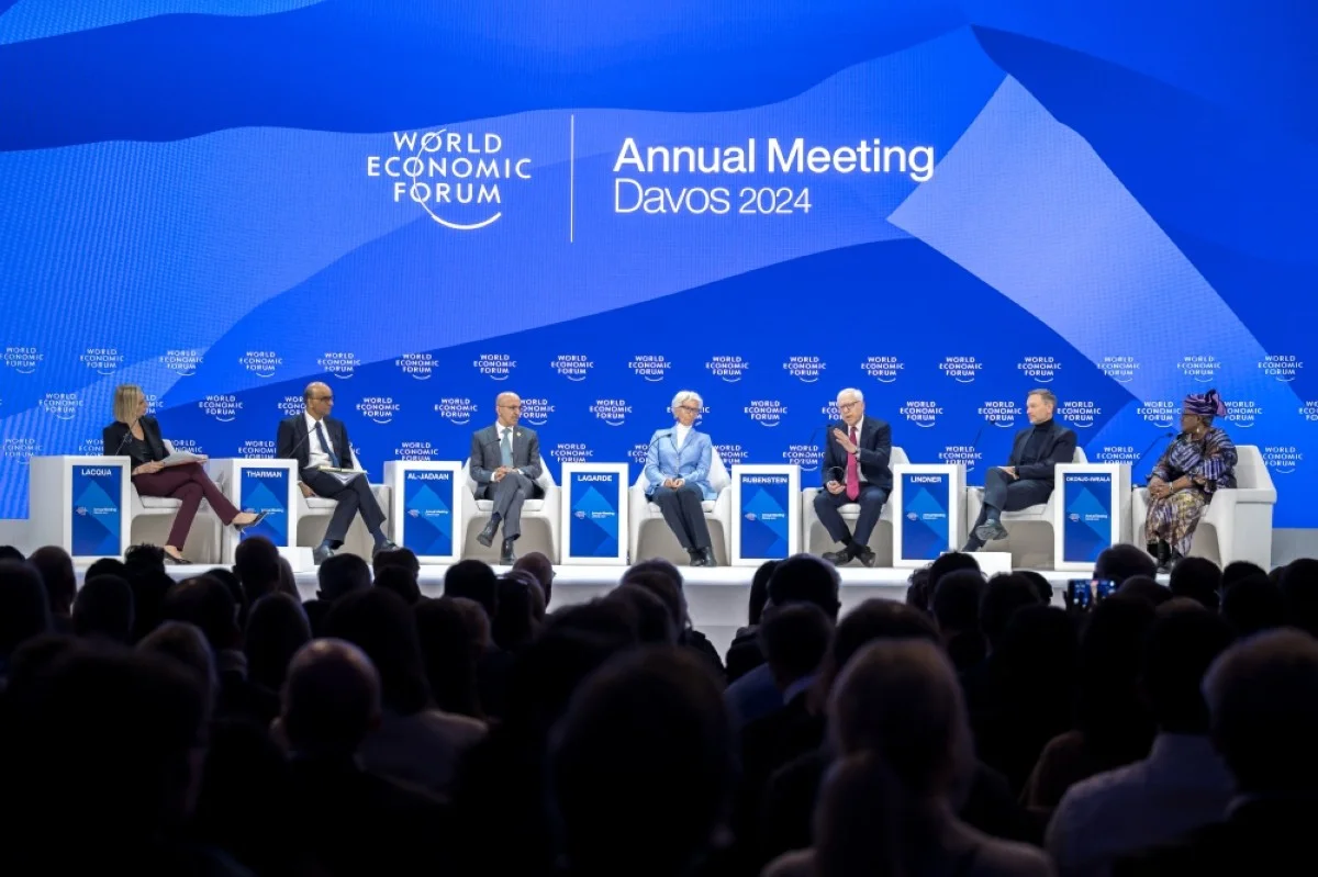 DAVOS: (Left to right), Bloomberg Television&#039;s Francine Lacqua, Singapore&#039;s President Tharman Shanmugaratnam, Saudi Finance Minister Mohammed Al-Jadaan, ECB President Christine Lagarde, Co-chairman of Carlyle Group David Rubenstein, German Finance Minister Christian Lindner and WTO Director-General Ngozi Okonjo-Iweala attend a session on the closing day of the WEF in Davos on Jan 19, 2024. -- AFP

