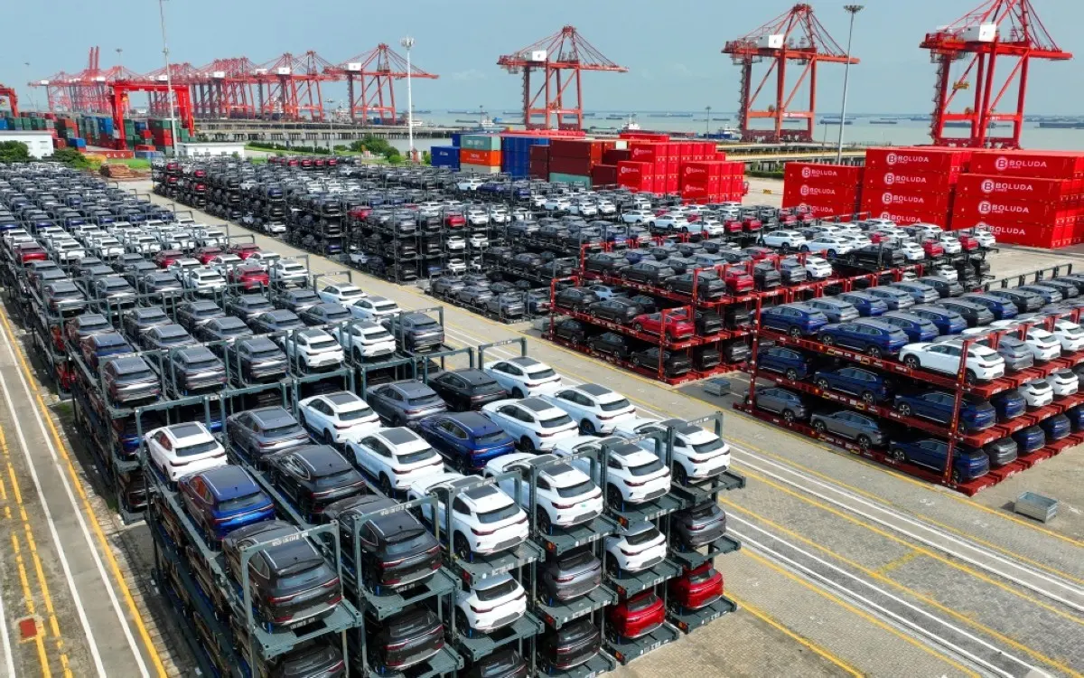 SUZHOU, China: This file photo taken on September 11, 2023 shows BYD electric cars waiting to be loaded on a ship are stacked at the international container terminal of Taicang Port at Suzhou Port, in China’s eastern Jiangsu Province. -- AFP