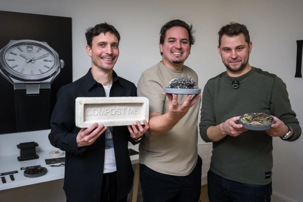GENEVA: A photo taken on December 4, 2023 in Geneva shows ID Geneve watch brand founders (left to right) Singal Depery, Nicolas Freudiger and Cedric Mulhauser posing in their workshop. – AFP