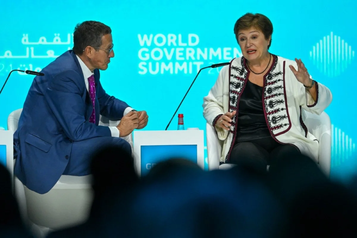 International Monetary Fund (IMF) Managing Director Kristalina Georgieva (right) speaks during the World Governments Summit in Dubai on Feb 12, 2024. --AFP