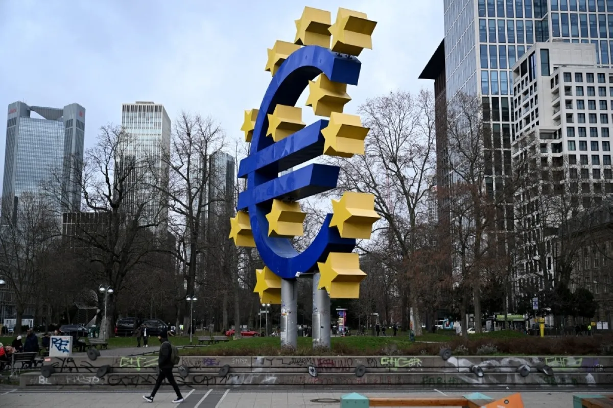 FRANKFURT: A sculpture of the Euro currency stands in the city centre of Frankfurt am Main, western Germany. - AFP