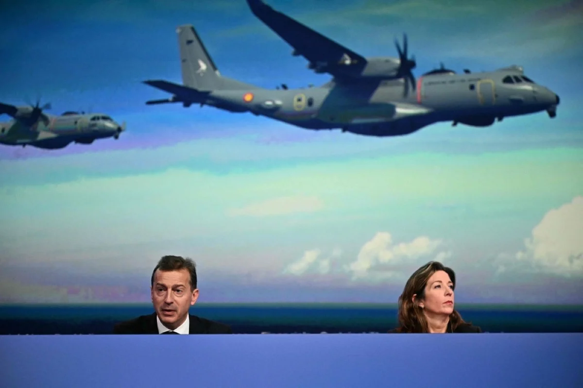 BLAGNAC: (From left) CEO of Airbus Guillaume Faury and chief sustainability and communication of Airbus Julie Kitcher attend a press conference to present Airbus 2023 results at the Airbus Leadership University event centre in Blagnac, south-western France, on February 15, 2024. – AFP