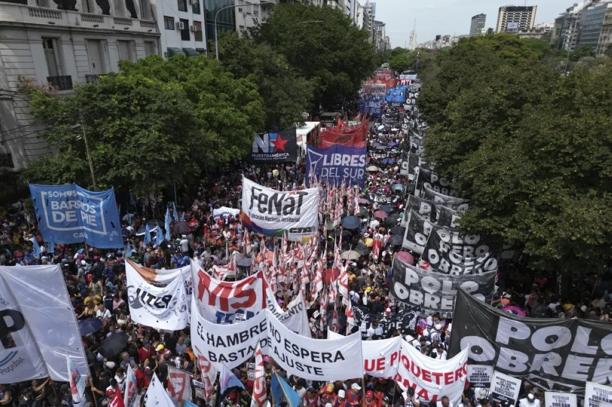 BUENOS AIRES: In this aerial view members of social organizations gather outside the Ministry of Human Capital to protest against food scarcity at soup kitchens and President Javier Milei’s government's austerity plan in Buenos Aires. – AFP