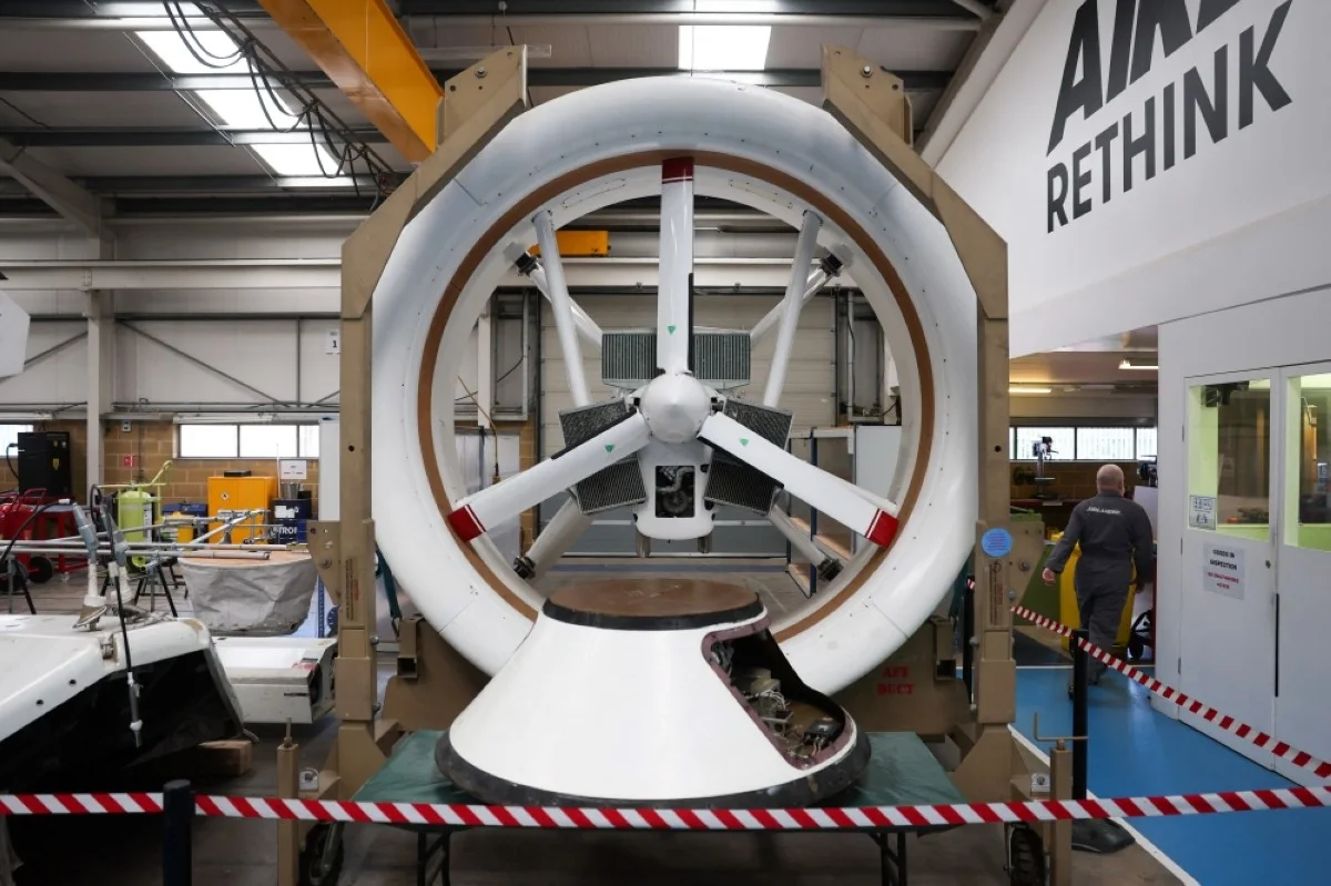 BEDFORD: A three-blade ducted propeller used on the Airlander 10 displayed at the Hybrid Air Vehicles centre in Bedford. – AFP
