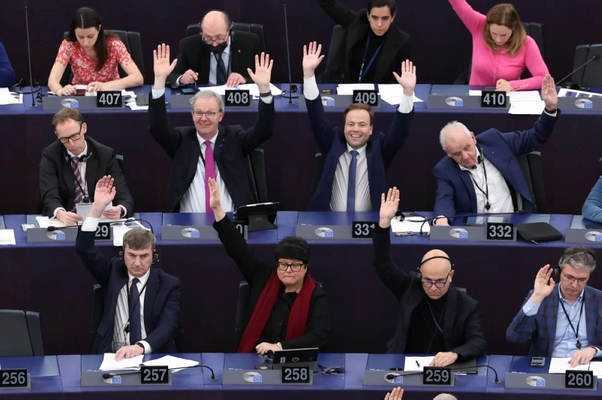 STRASBOURG: Members of the European Parliament take part in a voting session during a plenary session at the European Parliament in Strasbourg, eastern France, on March 13, 2024. -- AFP