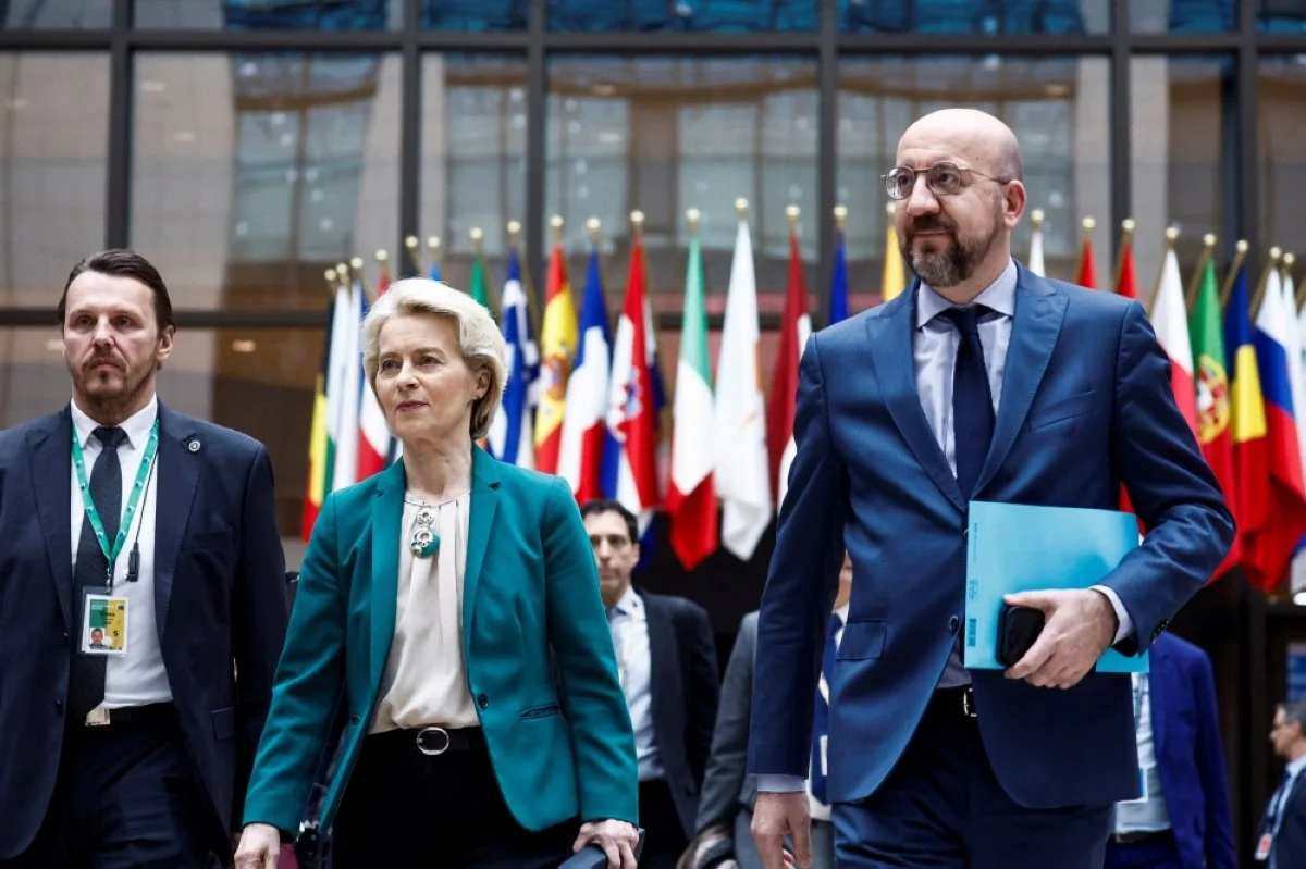 BRUSSELS, Belgium: European Commission President Ursula von der Leyen (center left) and European Council President Charles Michel (center right) arrive for a press conference on the second and last day of the European Council summit at the EU headquarters in Brussels on March 22, 2024. – AFP