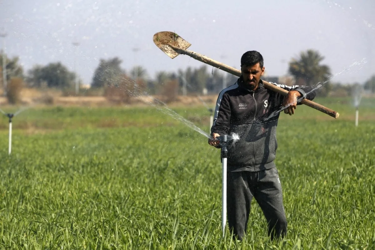 AL-AZRAKIYA, Iraq: A farmer adjusts a sprinkler, part of a new water management systems brought by the UN World Food Programme, on his farm in the village of Al-Azrakiya, in Iraq's central province of Anbar. – AFP