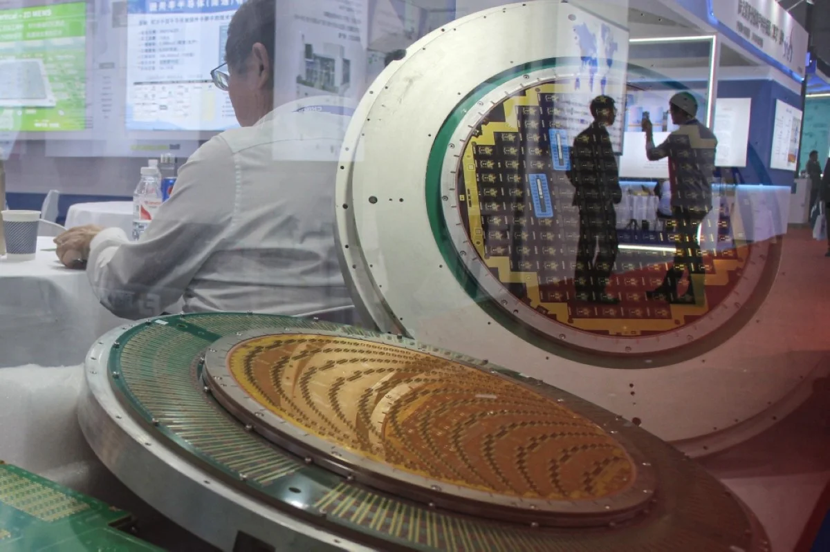 SHANGHAI: Semiconductor products of Maxone semiconductor company displayed during the SEMICON China semiconductor exhibition in Shanghai. -- AFP