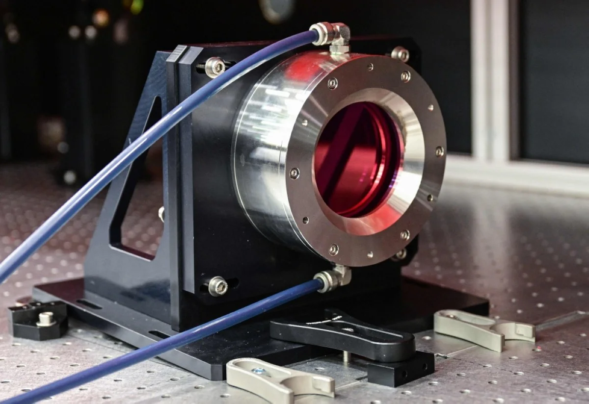 MAGURELE: One of the water-cooled Titan-Sapphire (Ti:Sa) crystal used for laser's light amplification at the "Extreme Light Infrastructure-Nuclear Physics"- ELI-NP laser is pictured in Magurele city nearby Bucharest March 26, 2024. - AFP