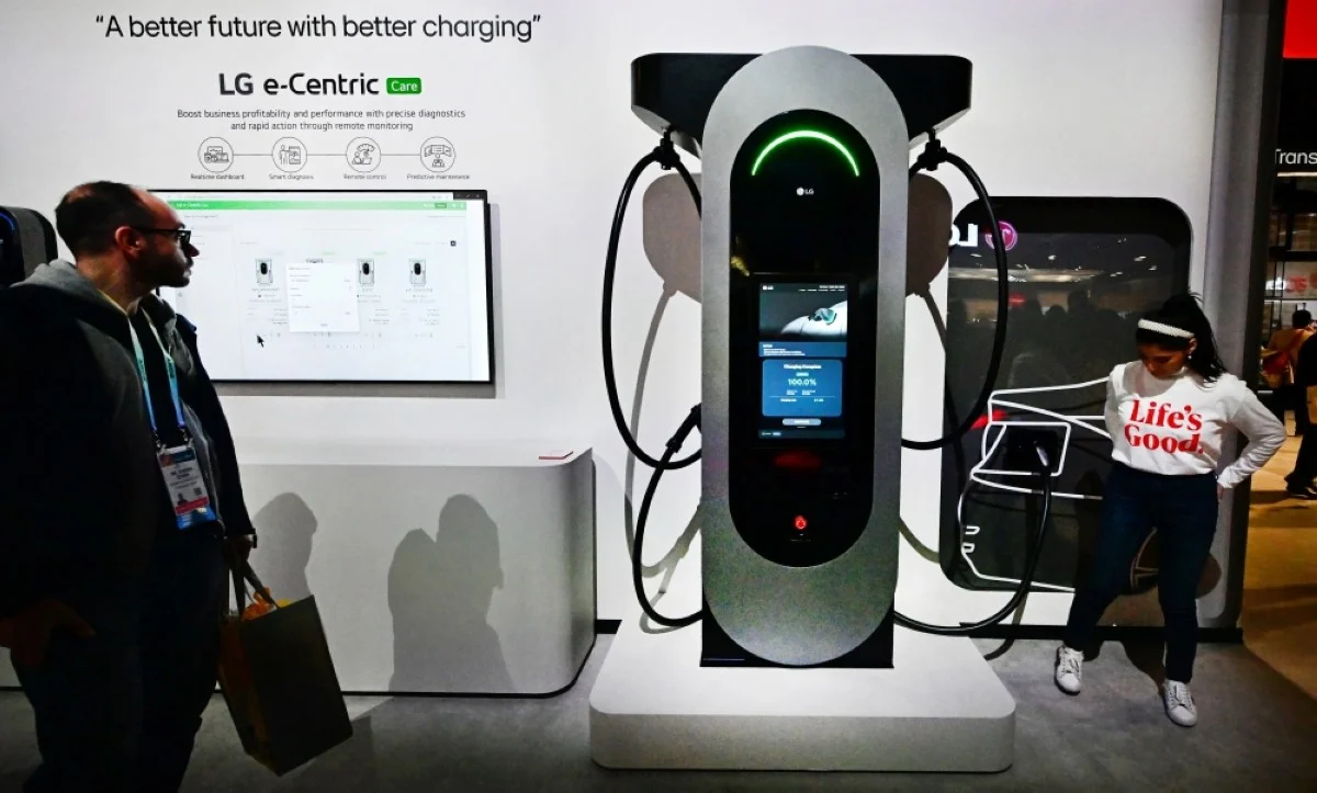 LAS VEGAS: The EV charger from LG with ports of both sides and capability to charge Tesla and non-Tesla electric vehicles is displayed at the Consumer Electronics Show (CES) in Las Vegas, Nevada.- AFP